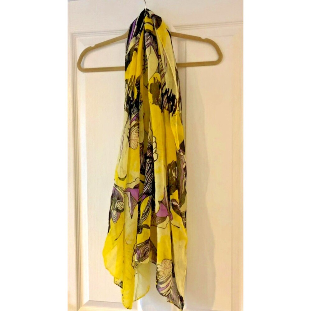 Sheer Scarf / Shawl Women’s Yellow Black Purple Flowers 58 in x 19 in